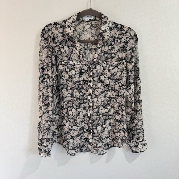 Express Portofino Shirt S Button Front Black White Floral Chiffon Long Sleeve - Picture 1 of 9
